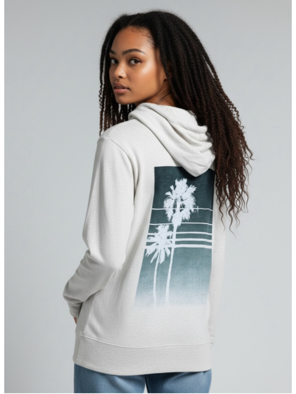 JAMES PERSE Hoodie Palm Tree Graphic Print Terry Light Gray Women’s Size Medium